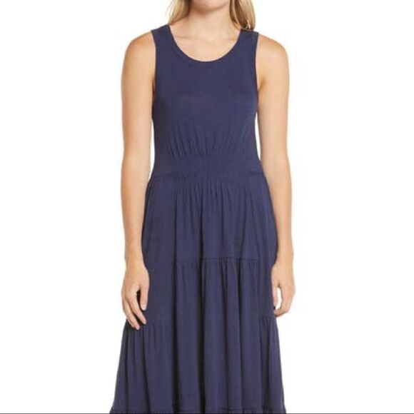 Nordstrom Caslon Tiered Smocked Waist Maxi Tank Dress In Dark Blue Petite XS - Picture 2 of 4